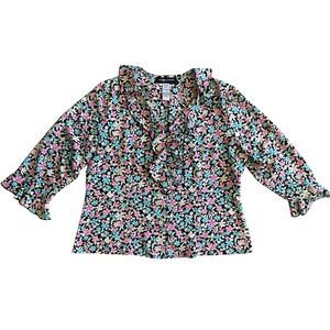 Sag Harbor Dark Floral Ruffle V-Neck Blouse Black Pink Blue Sz 16 Whimsy Garden